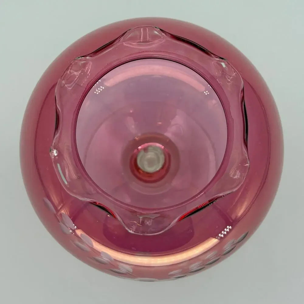 Vintage Cranberry Glass Pedestal Rose Bowl Vase, Etched Flower, Ruffled Rim 8